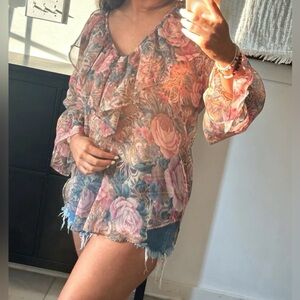 Vintage Gold Tag Victoria's Secret Floral Sheer Ruffle Poet Blouse Top w/Pearl